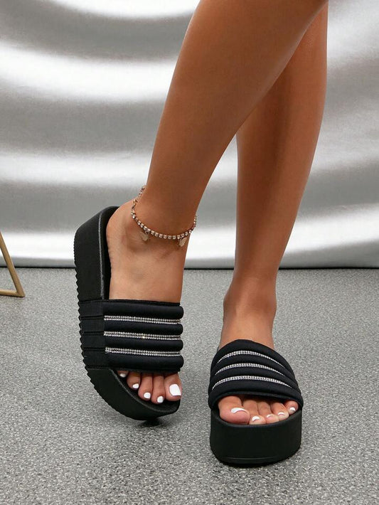 Black Rhinestone Strap Platform Sandals – Mid Heel Wedge Slides for Women | Free Shipping