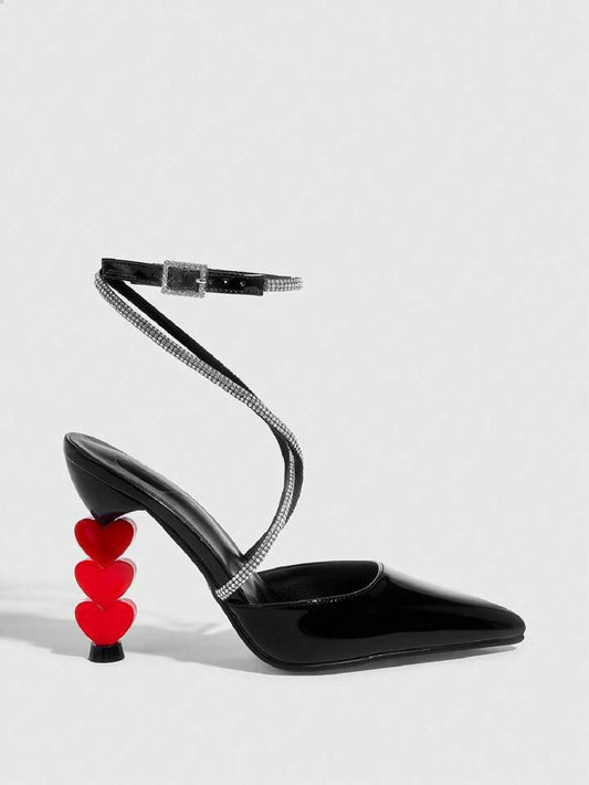 Black Heart-Shaped High Heels – Rhinestone Ankle Strap Party Shoes | Free Shipping