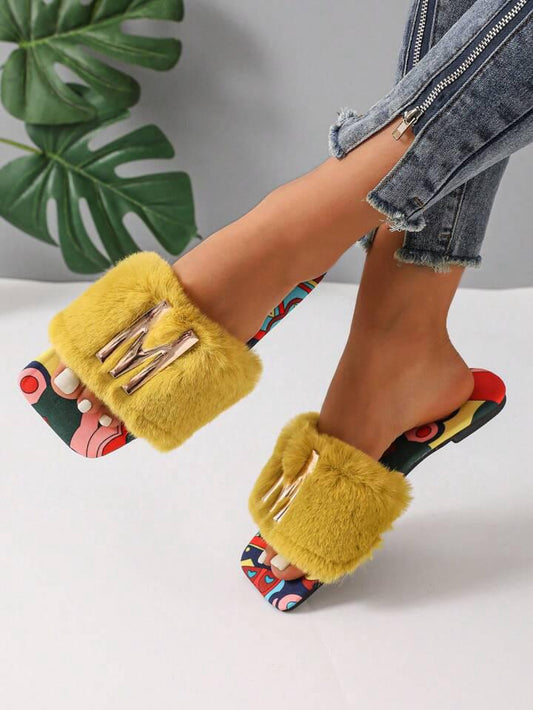 Yellow Faux Fur Slide Sandals for Women – Metal Decor, Flat Summer Style | Free Shipping