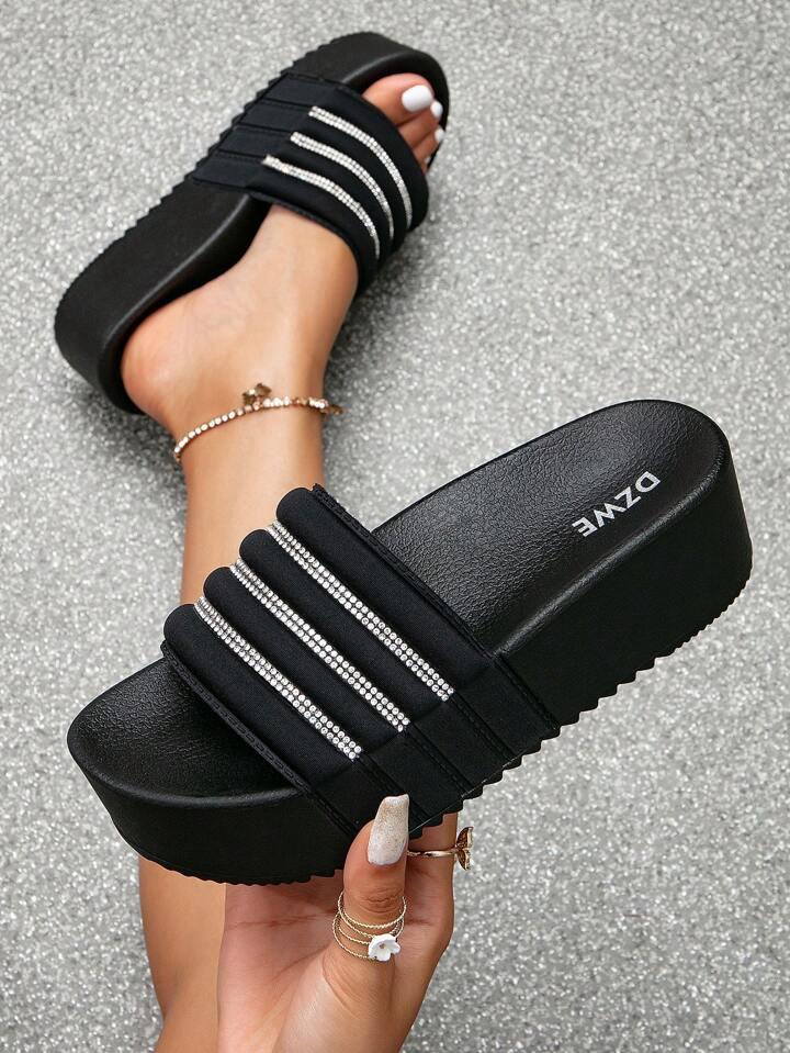 Black Rhinestone Strap Platform Sandals – Mid Heel Wedge Slides for Women | Free Shipping