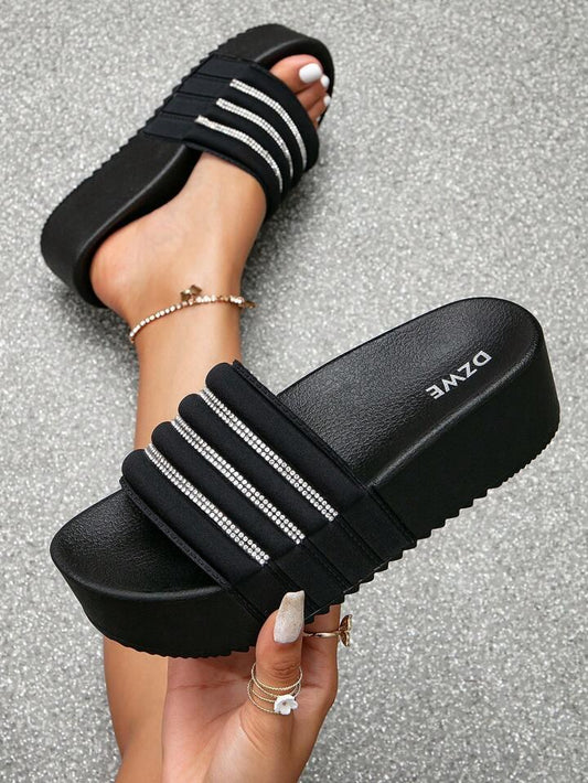 Black Rhinestone Strap Platform Sandals – Mid Heel Wedge Slides for Women | Free Shipping