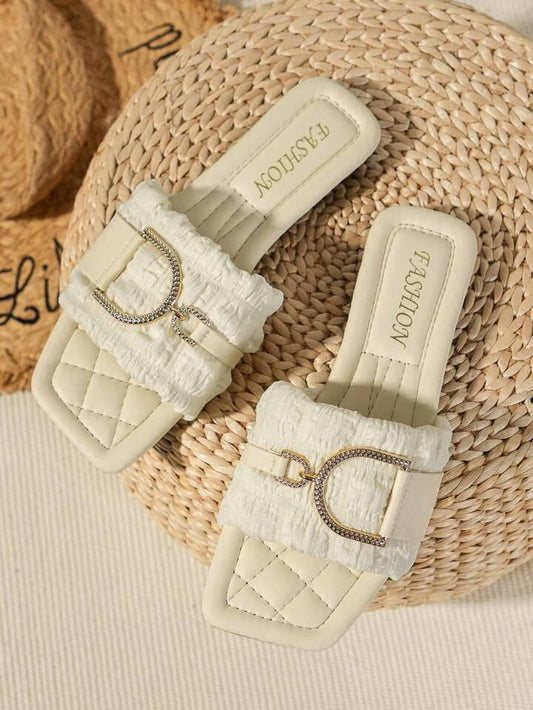Beige Flat Sandals for Women – Metal Buckle Detail, Slip-Resistant Slides | Free Shipping