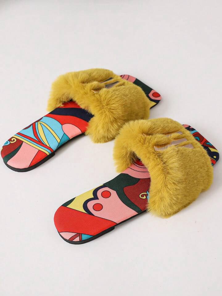 Yellow Faux Fur Slide Sandals for Women – Metal Decor, Flat Summer Style | Free Shipping