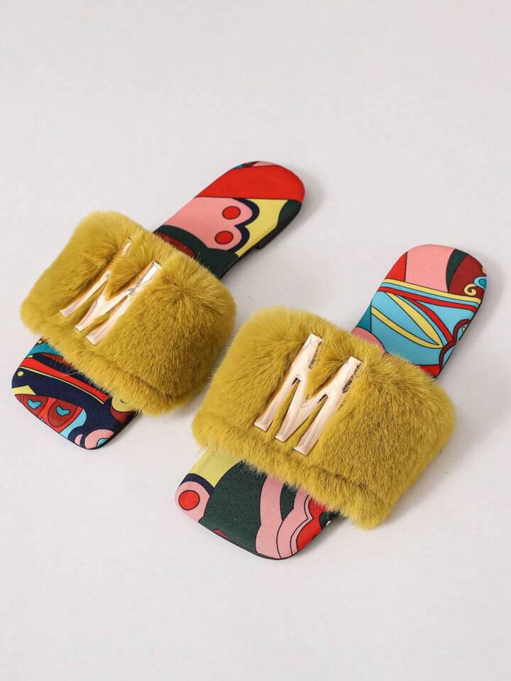 Yellow Faux Fur Slide Sandals for Women – Metal Decor, Flat Summer Style | Free Shipping