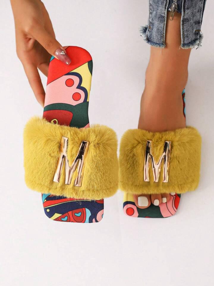 Yellow Faux Fur Slide Sandals for Women – Metal Decor, Flat Summer Style | Free Shipping