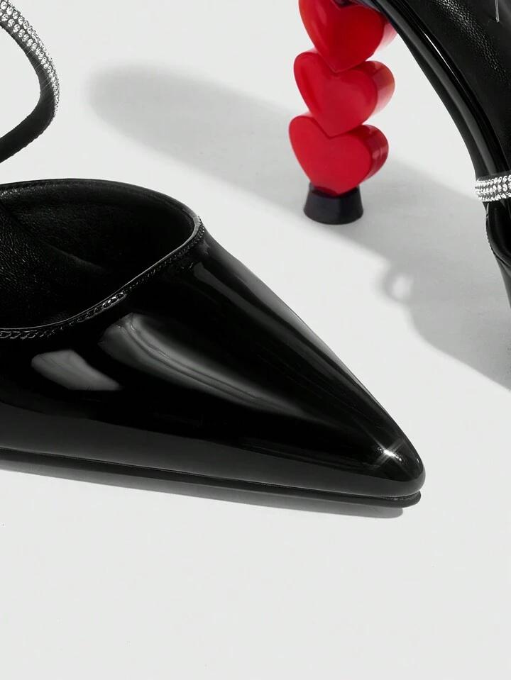 Black Heart-Shaped High Heels – Rhinestone Ankle Strap Party Shoes | Free Shipping