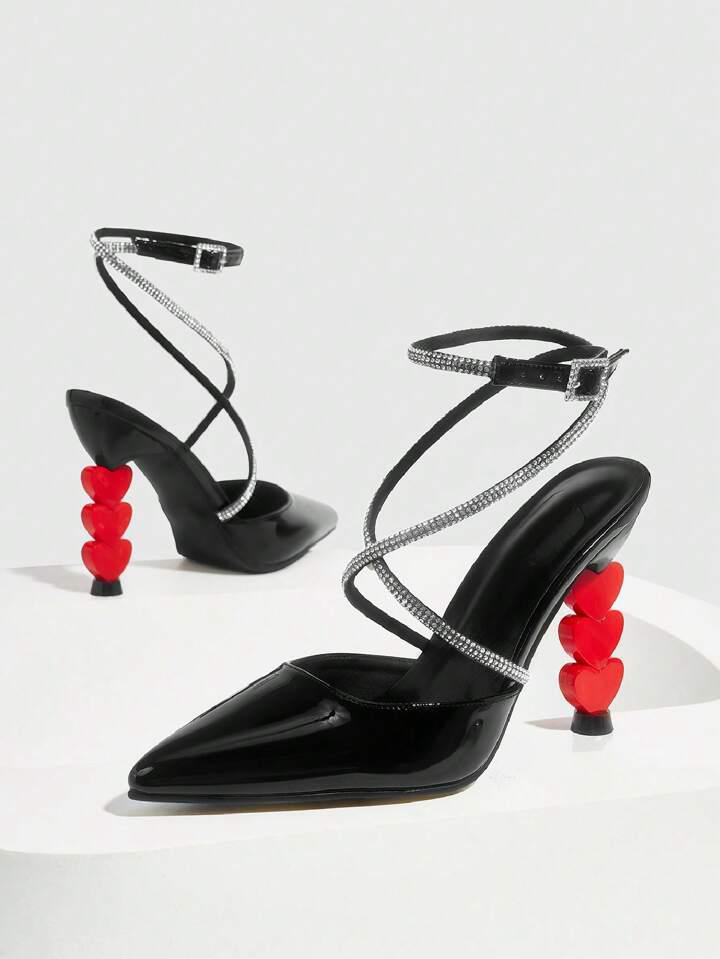 Black Heart-Shaped High Heels – Rhinestone Ankle Strap Party Shoes | Free Shipping