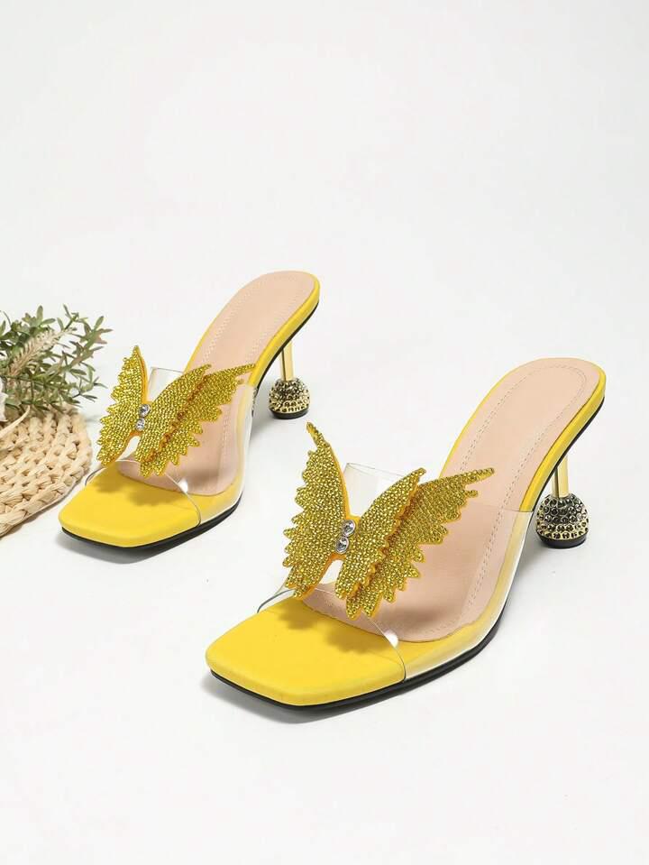 Yellow Butterfly Crystal Heels – Clear Strap Glam Mules